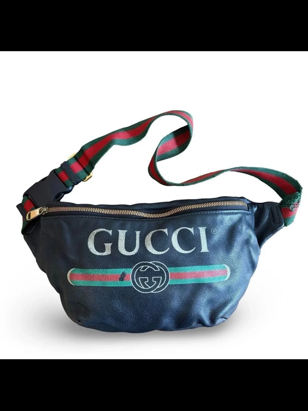 GUCCI Black Leather Logo Web Stripe Belt Bag